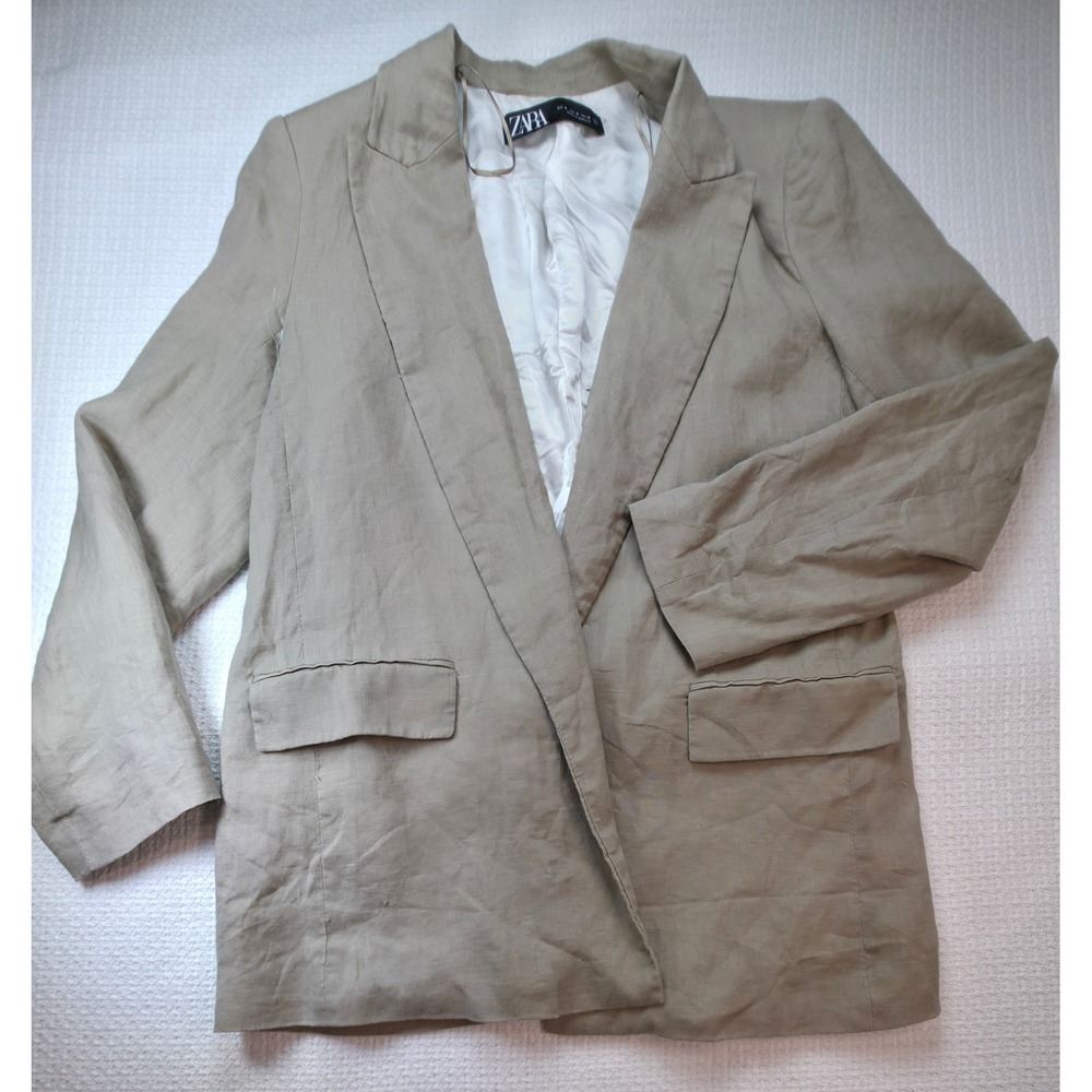 Zara Linen Blazer Women Medium Taupe Open Front Lightweight Notched Lapel